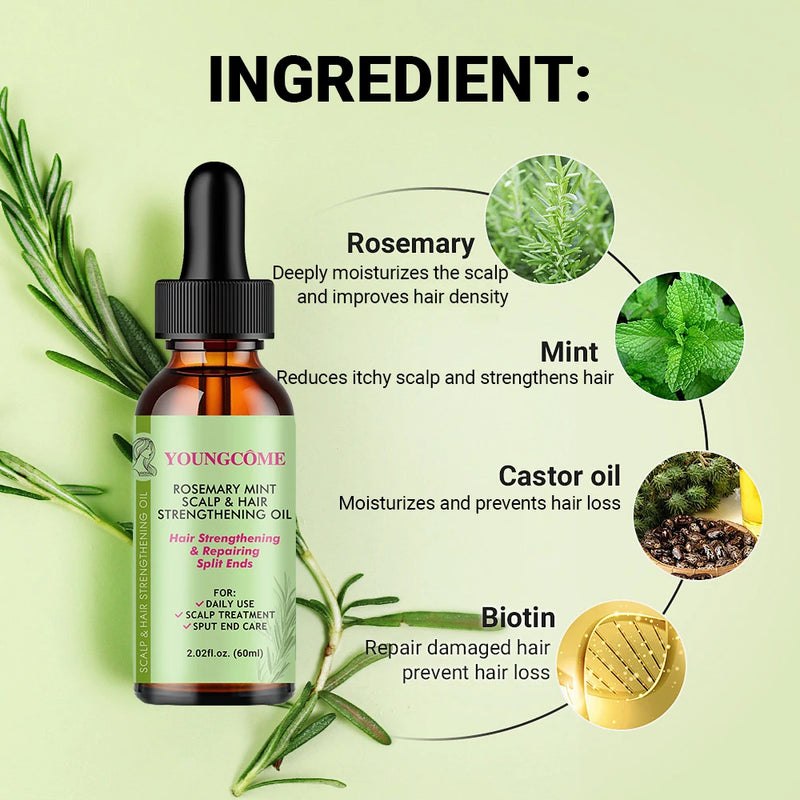 Huile de croissance des cheveux au romarin et à la menthe, prévient la sécheresse des cheveux, hydratante, douce, nourrissante, organique doux et brillant, huile de soin pour cheveux